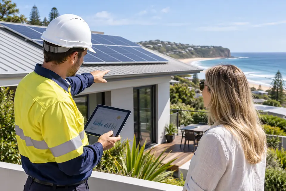 Illustrative image of a solar technician consulting with a homeowner