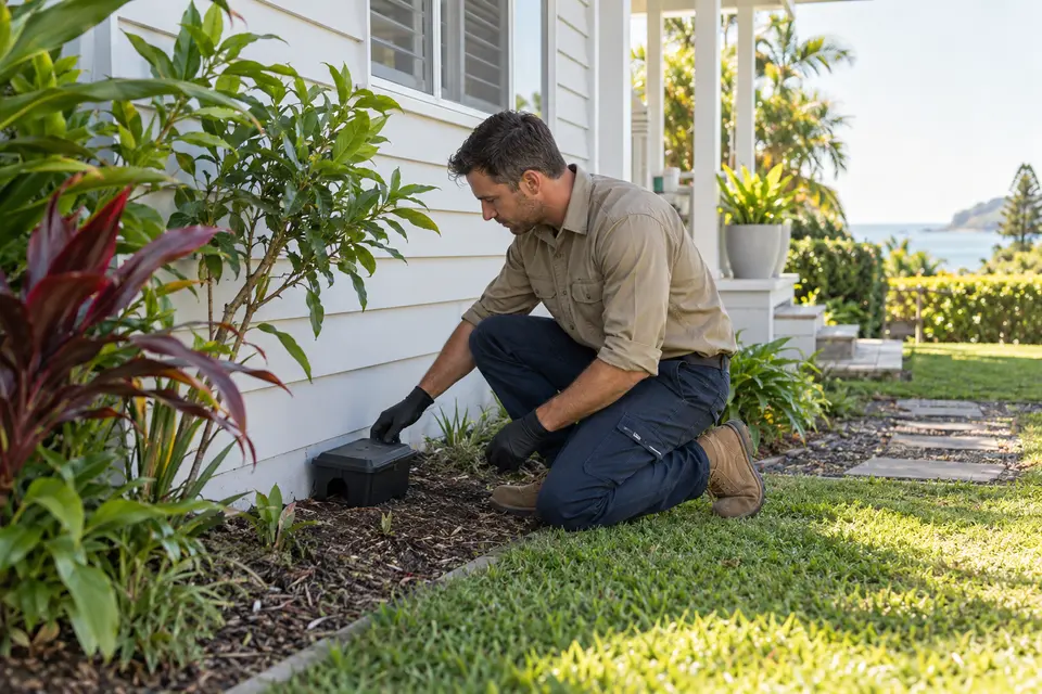 Illustrative image of a pest technician checking a sealed monitoring point