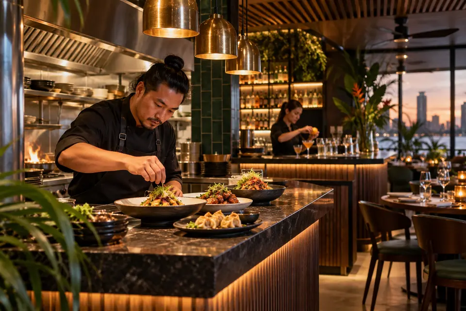 Illustrative contemporary Asian restaurant and cocktail bar