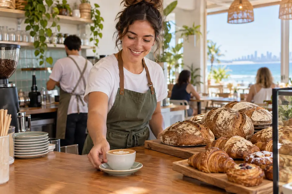 Illustrative Gold Coast cafe and artisan bakery counter