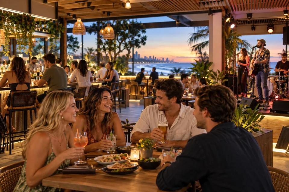 Illustrative coastal hotel dining and live entertainment venue