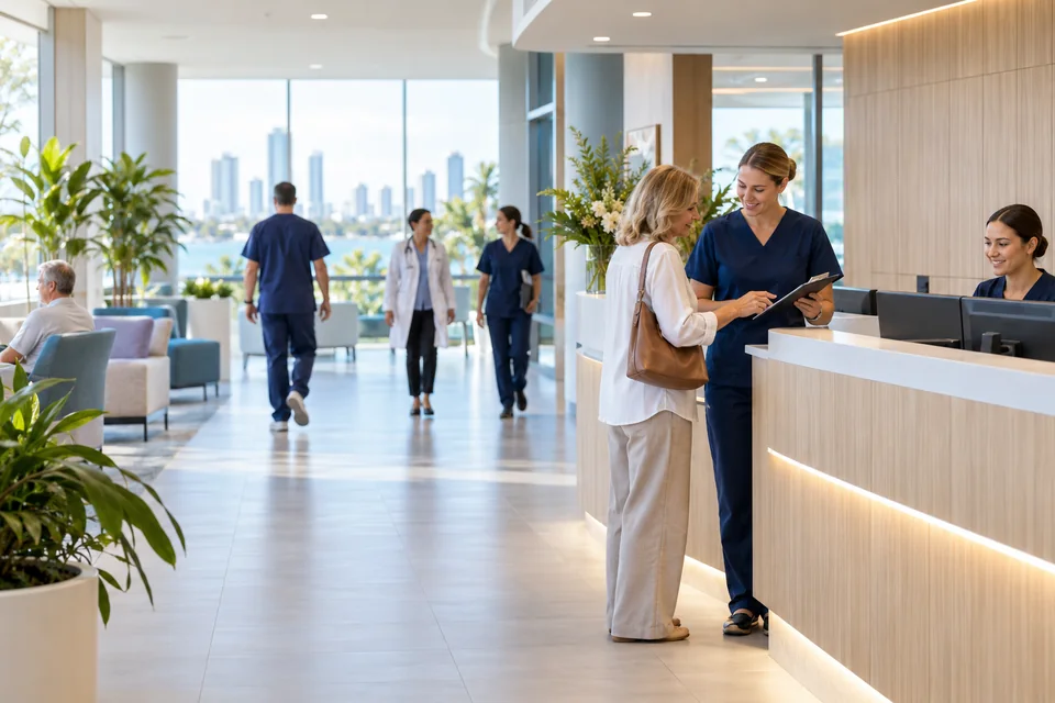 Illustrative modern private hospital reception and care setting