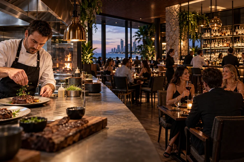 Illustrative contemporary steakhouse and bar dining room