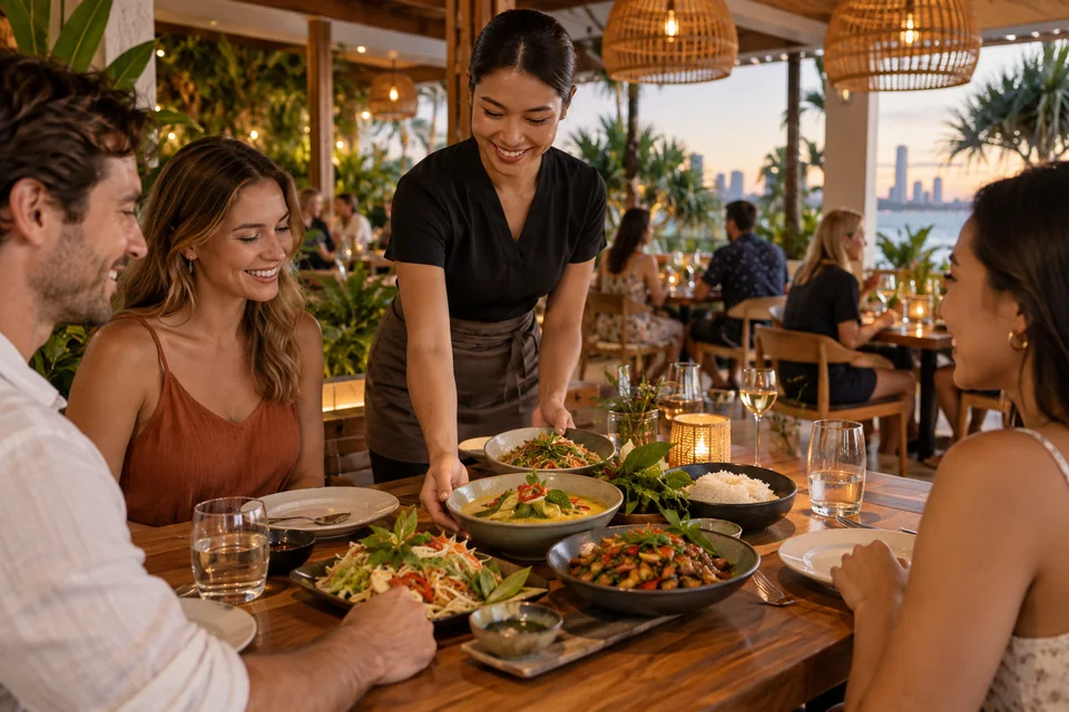 Illustrative Thai restaurant dining room and shared dishes