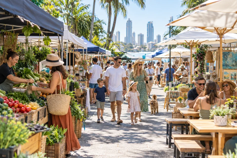 Illustrative Gold Coast weekend market with stalls and visitors