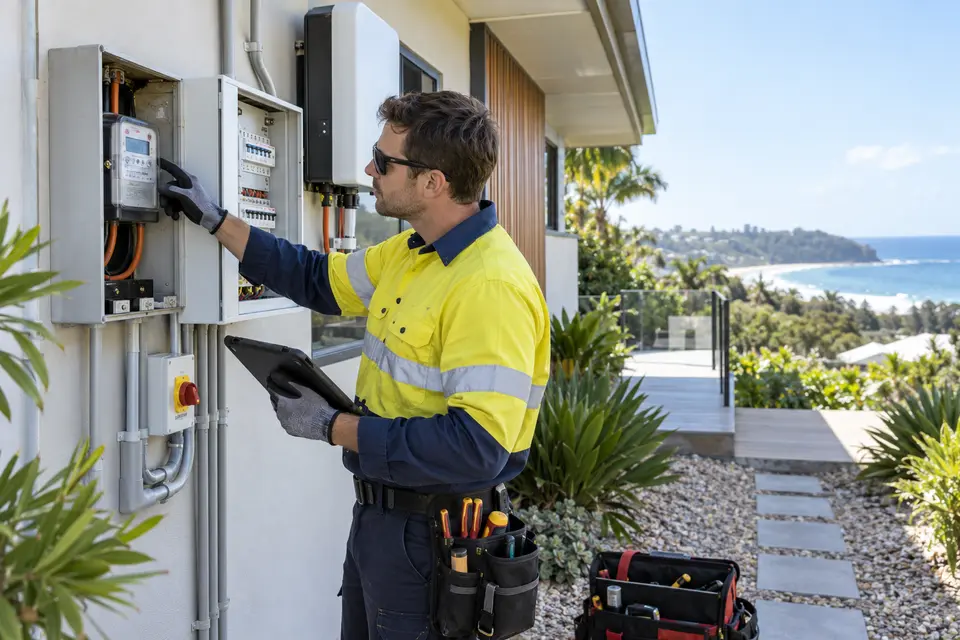 Illustrative image of an electrical and solar technician inspecting a meter