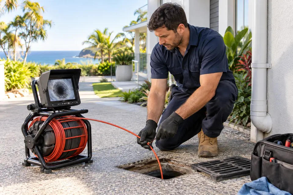 Illustrative image of a plumber clearing a blocked drain