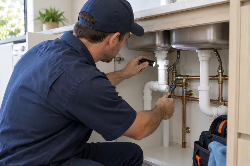 Illustrative plumber inspecting residential pipework
