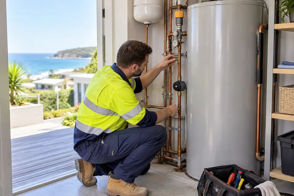 Illustrative image of a plumber inspecting a hot-water system